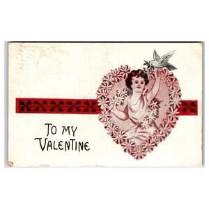 Vintage 1909 Valentine Postcard Cupid Heart Floral Dove Design